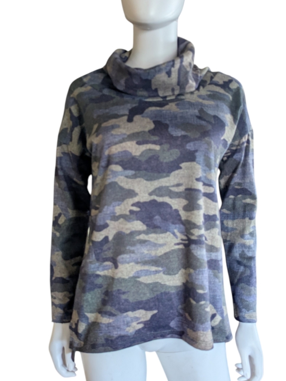 David Cline Cowl Neck Camo Sweater in Gray and Olive